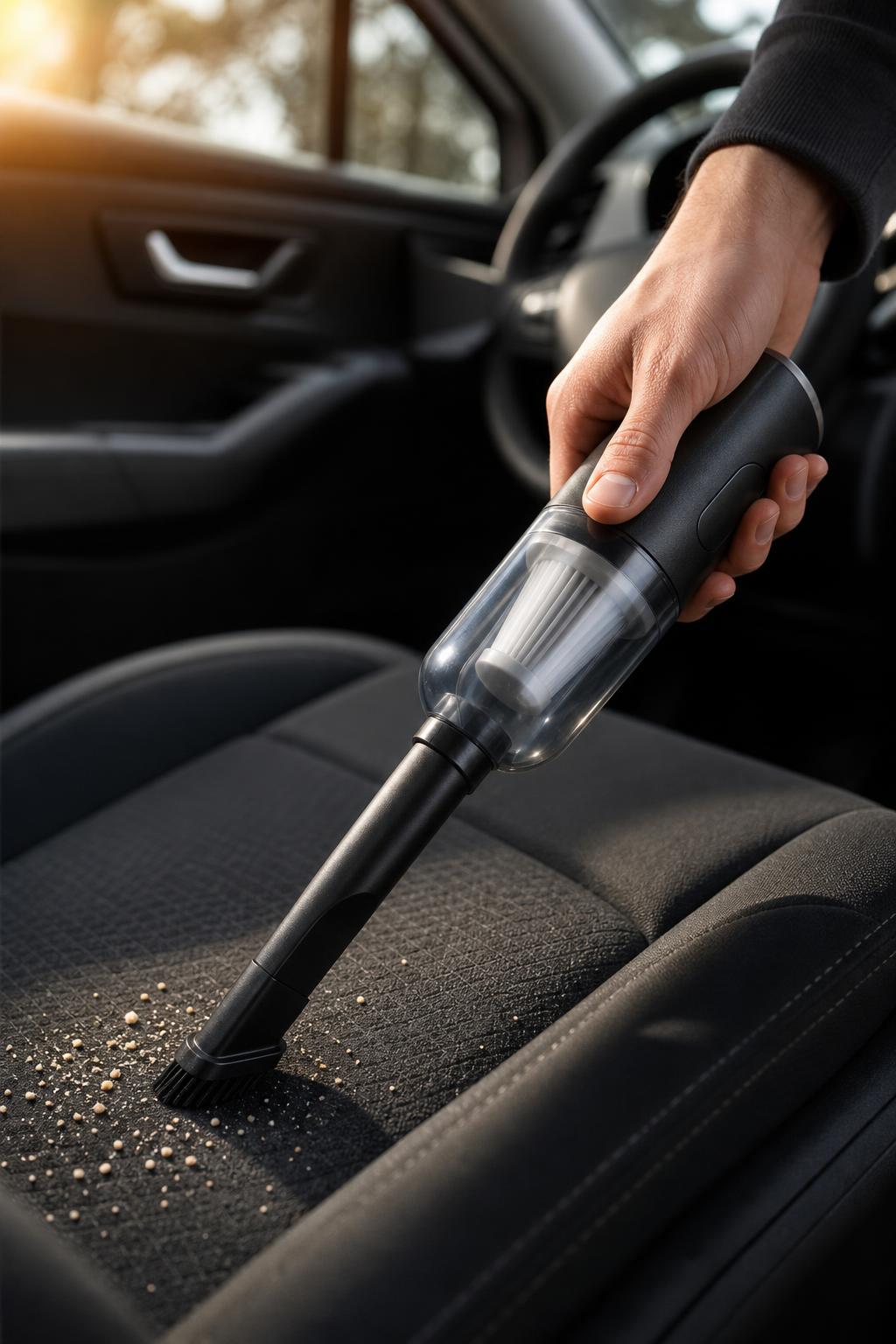 Limpiando el asiento del coche con la aspiradora Victora